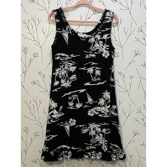 VTG PARADISO Womens M Black White Hawaiian Tropical Flowy Rayon Dress Summer - Picture 2 of 5